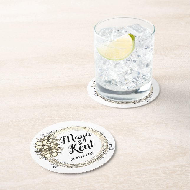 Elegant Floral Wreath Wedding Personalized Round Paper Coaster (Insitu)