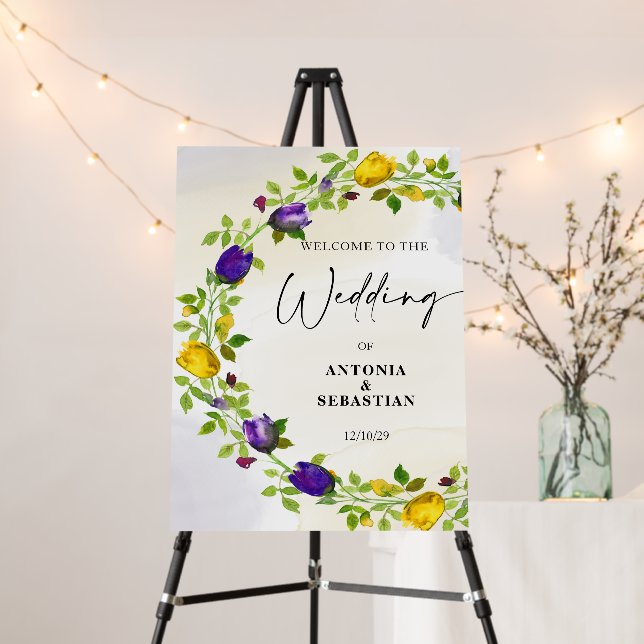 Elegant Floral Wreath Wedding Sign Foam Board (In Situ (Stand))
