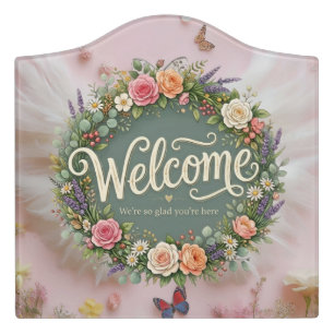 Elegant Floral Wreath Welcome Door Sign