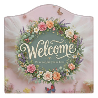 Elegant Floral Wreath Welcome Door Sign