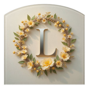 Elegant Floral Wreath with Golden Letter L Door Sign