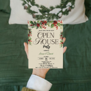 Elegant Floral Xmas Holly Christmas Open House  Invitation