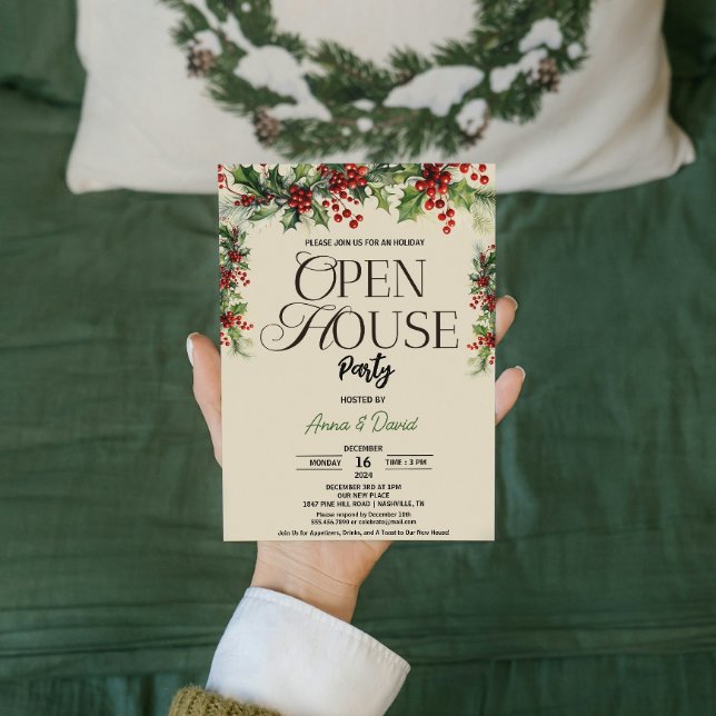 Elegant Floral Xmas Holly Christmas Open House  Invitation (Elegant Floral Xmas Holly Christmas Open House Invitation flowers Families & Couples hosting )