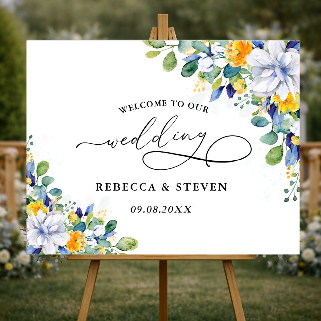 Elegant floral yellow and blue  horizontal wedding sign (Creator Uploaded)
