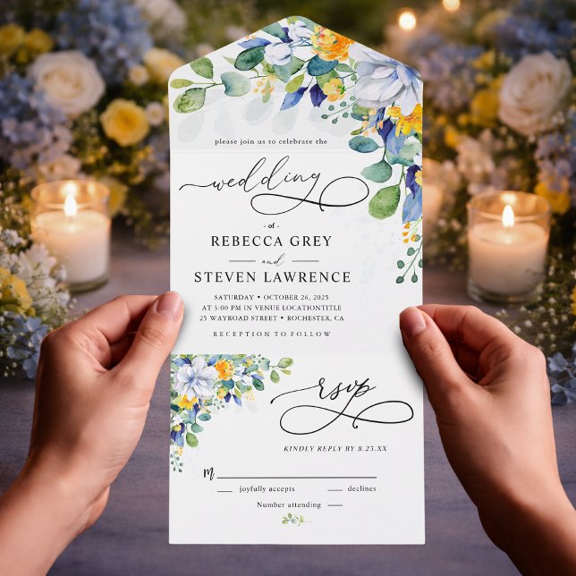 Elegant floral yellow and blue watercolor wedding all in one invitation (Creator Uploaded)