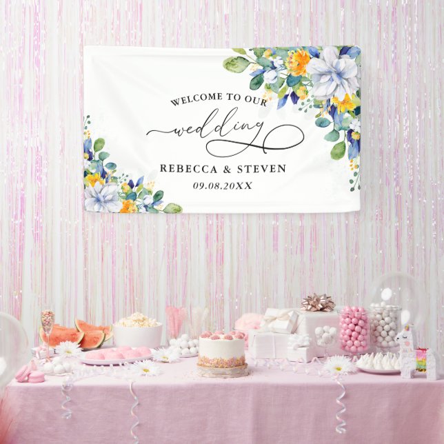 Elegant floral yellow and blue watercolor wedding banner (Party)