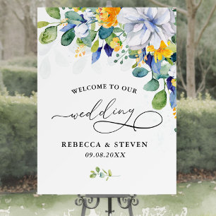 Elegant floral yellow and blue watercolor wedding foam board