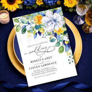Elegant floral yellow and blue watercolor wedding invitation