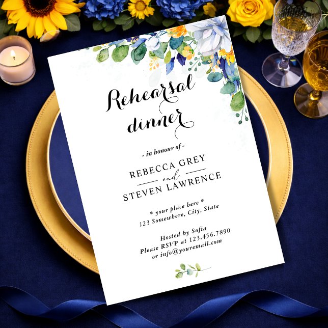 Elegant floral yellow and blue watercolor wedding invitation (Creator Uploaded)