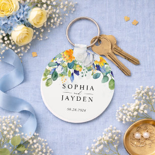 Elegant floral yellow and blue watercolor wedding keychain