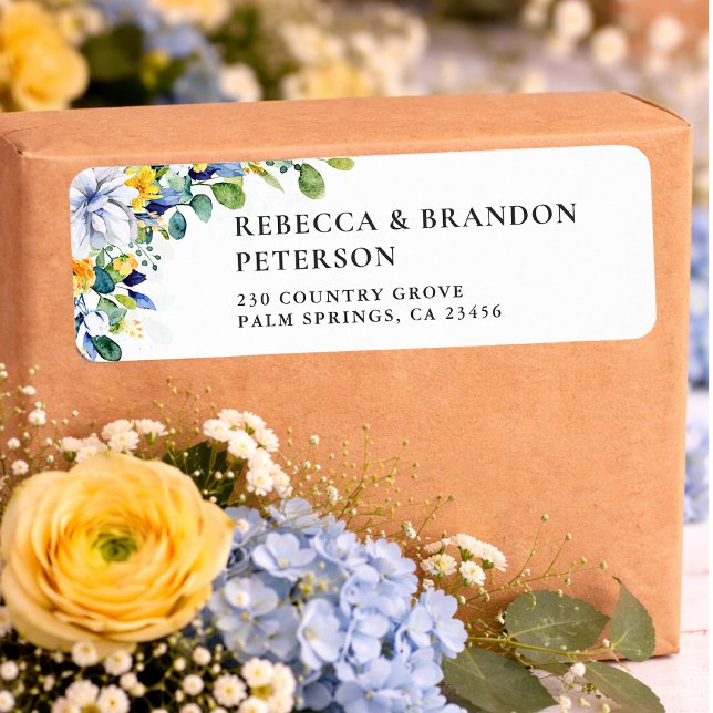 Elegant floral yellow and blue watercolor wedding label (Creator Uploaded)
