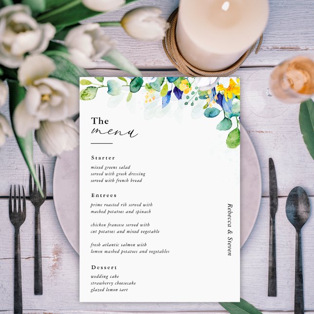 Elegant floral yellow and blue watercolor wedding menu (Creator Uploaded)