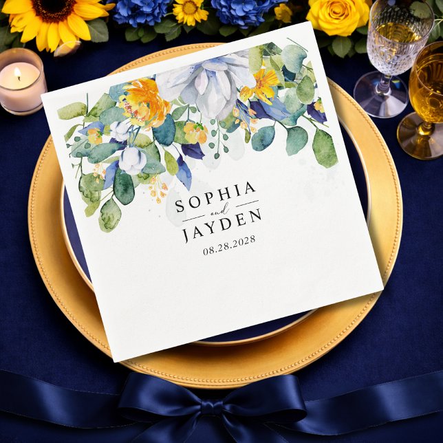 Elegant floral yellow and blue watercolor wedding napkins (Creator Uploaded)