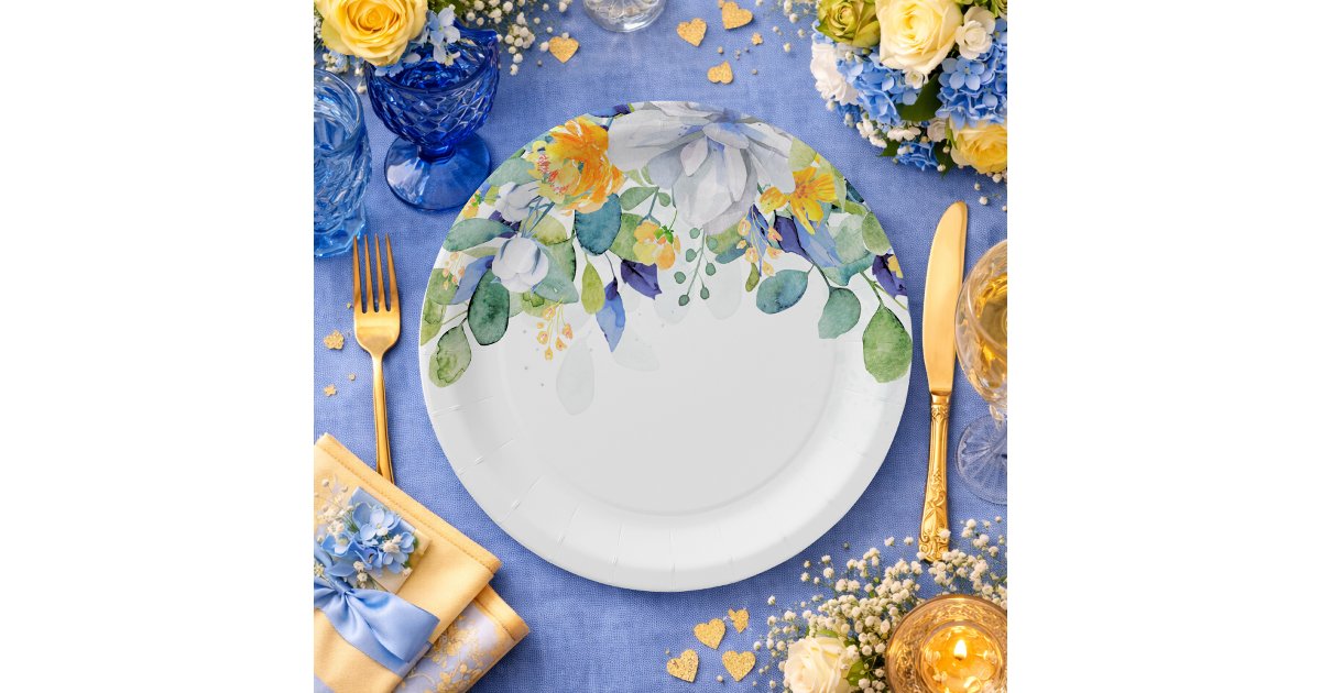 Elegant floral yellow and blue watercolor wedding paper plates | Zazzle