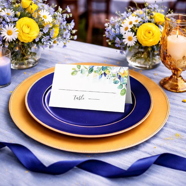 Elegant floral yellow and blue watercolor wedding place card (Creator Uploaded)