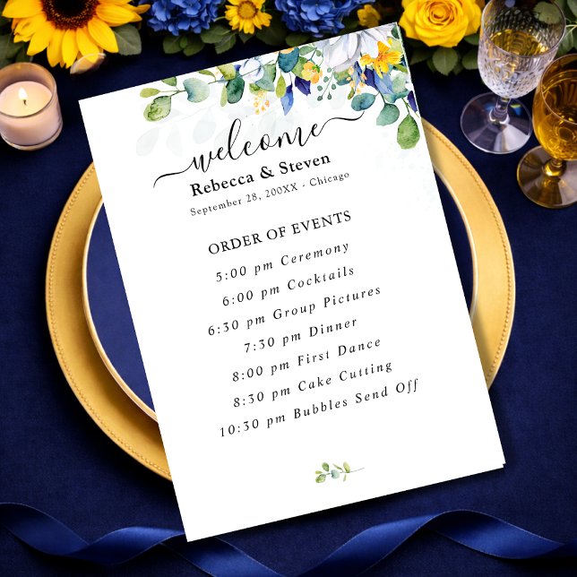 Elegant floral yellow and blue watercolor wedding program (Creator Uploaded)