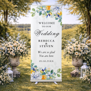 Elegant floral yellow and blue watercolor wedding retractable banner