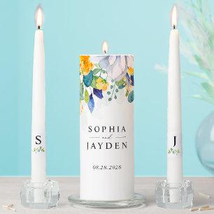 Elegant floral yellow and blue watercolor wedding unity candle set