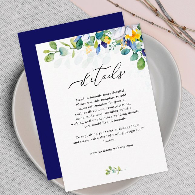 elegant floral yellow and blue wedding details enclosure card (Creator Uploaded)