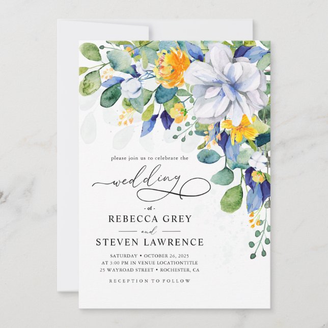 Elegant floral yellow and blue wedding photo invitation (Front)