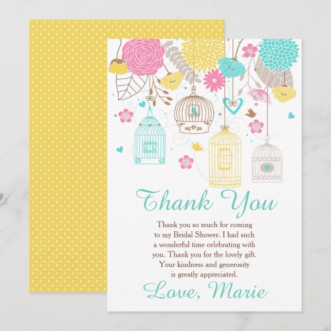 Elegant Floral Yellow and Pink Bridal Shower Thank You Card (Front/Back)
