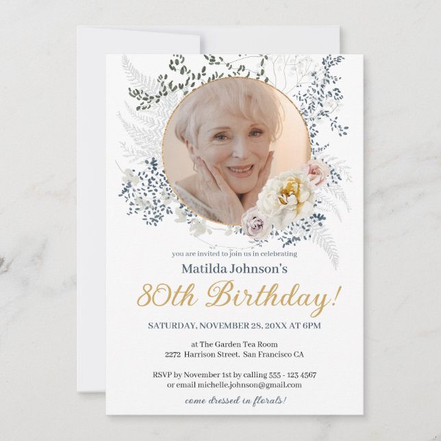 Elegant Floral Yellow Custom Photo 80th Birthday  Invitation (Front)