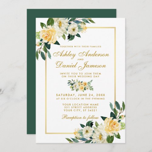 Elegant Floral Yellow Gold Green Wedding Invitation