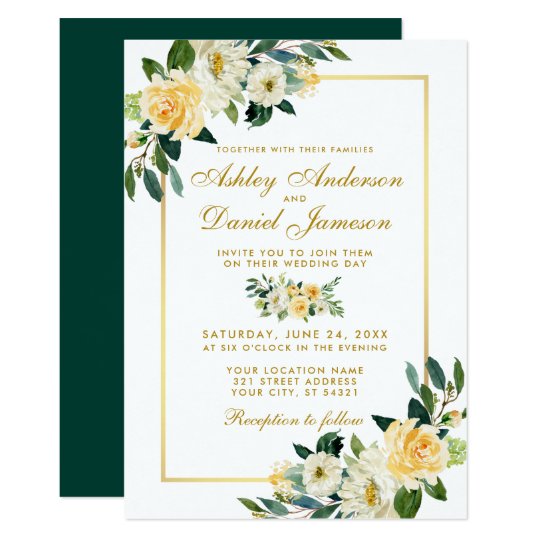 Elegant Fl Yellow Gold Hunter Green Wedding Invitation Elegant Fl Yellow Gold Hunter Green Wedding Invitation