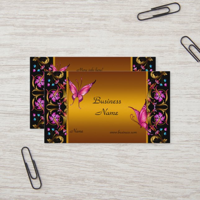 Elegant Floral Yellow Gold Pink  Black Butterfly Business Card (Front/Back In Situ)