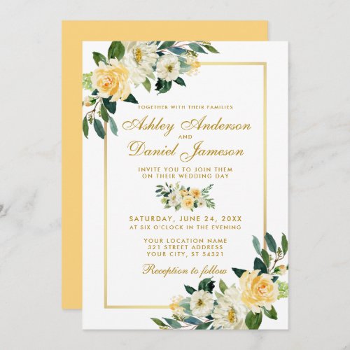Elegant Floral Yellow Gold White Wedding Invitation