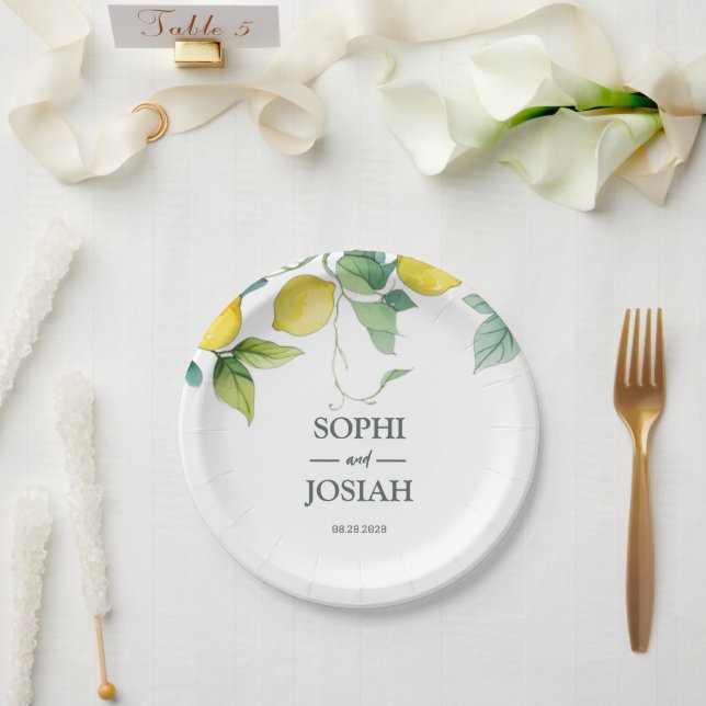 Elegant floral yellow lime lemon wedding paper plates (Wedding)