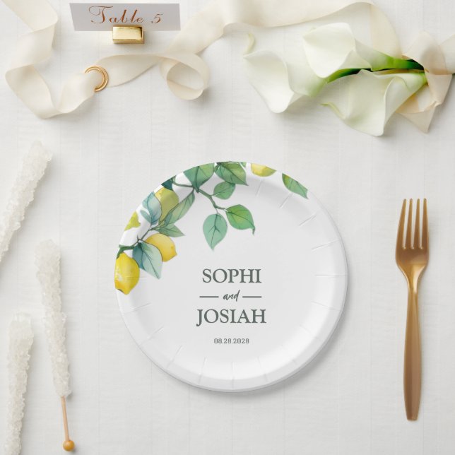 Elegant floral yellow lime white blue wedding paper plates (Wedding)