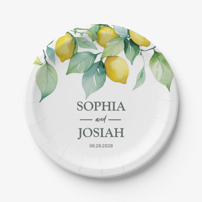 Elegant floral yellow lime white blue wedding paper plates (Front)