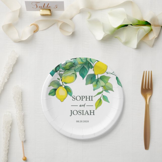 Elegant floral yellow lime white blue wedding paper plates (Wedding)