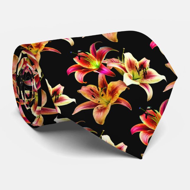 Elegant Floral Yellow Pink Orange Daylilies Neck Tie (Rolled)