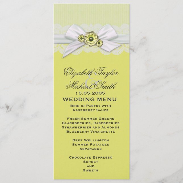 Elegant Floral Yellow Ribbon Wedding Menu (Front)