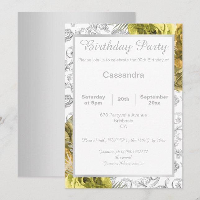 ELEGANT FLORAL YELLOW SILVER BORDER BIRTHDAY INVITATION (Front/Back)