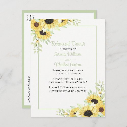 Elegant Floral Yellow Sunflower Rehearsal Dinner  Invitation Postcard