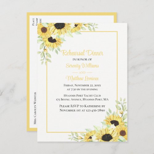 Elegant Floral Yellow Sunflower Rehearsal Dinner Invitation Postcard
