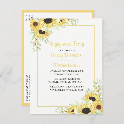 Elegant Floral Yellow Sunflowers Engagement Party Invitation Postcard