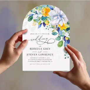 Elegant floral yellow white blue arch wedding invitation