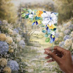 Elegant floral yellow white blue wedding acrylic invitations