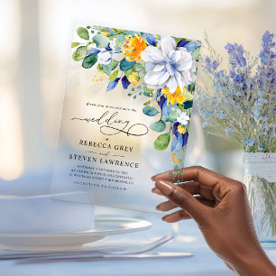 Elegant floral yellow white blue wedding acrylic invitations
