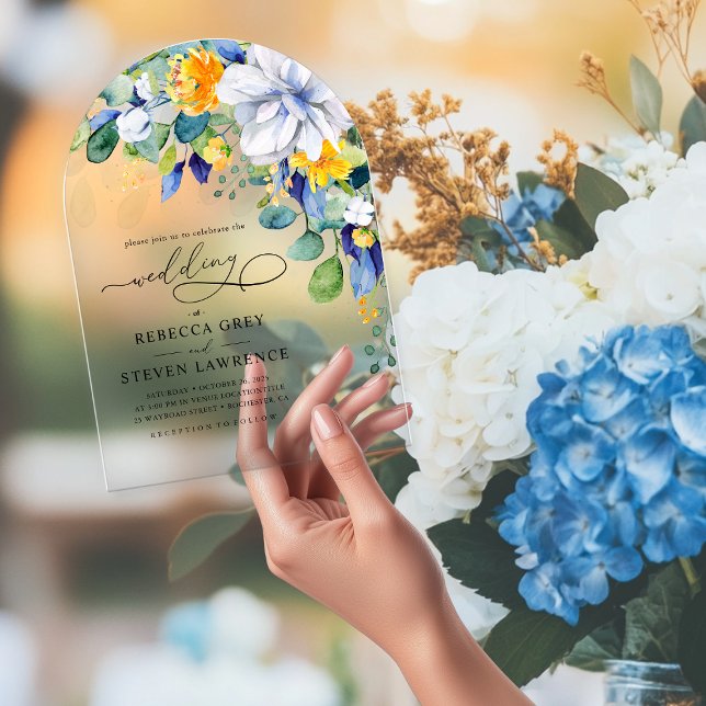Elegant floral yellow white blue wedding arch acrylic invitations (Creator Uploaded)