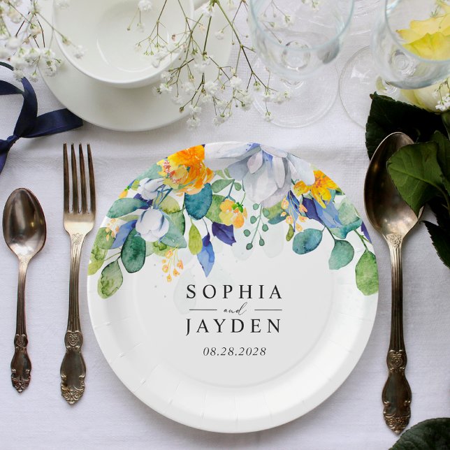 Elegant floral yellow white blue wedding monogram  paper plates (Creator Uploaded)