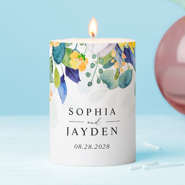 Elegant floral yellow white blue wedding monogram  pillar candle (Creator Uploaded)
