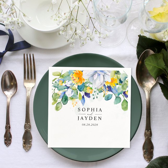 Elegant floral yellow white blue wedding napkins (Creator Uploaded)