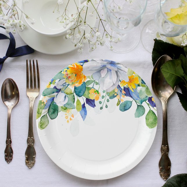 Elegant floral yellow white blue wedding paper plates (Creator Uploaded)