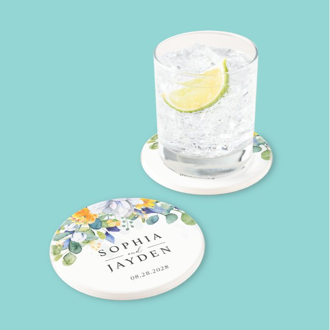 Elegant floral yellow white blue wedding stone coaster (Creator Uploaded)