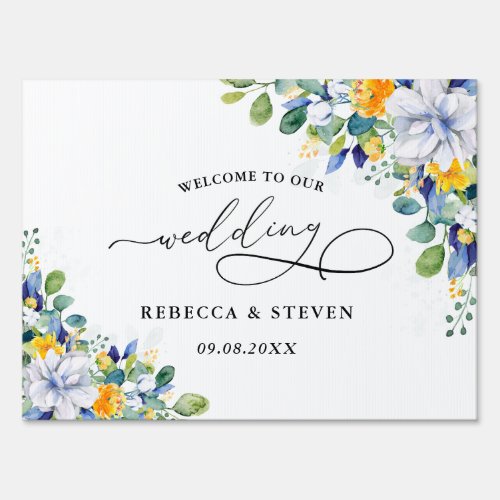 Elegant floral yellow white blue wedding welcome  sign